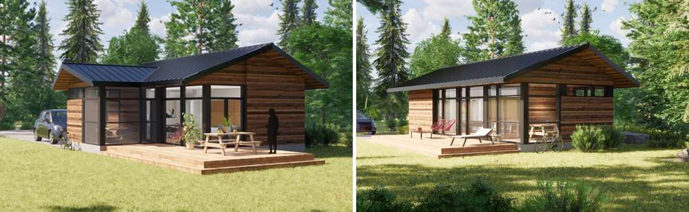 Maison préfabriquée 100% québécoise écologique et économique. Élégante, confortable et ensoleillée, son concept de plain pied est idéal pour les familles, les personnes à mobilité réduire et les aînés. Modèle 1 chambre