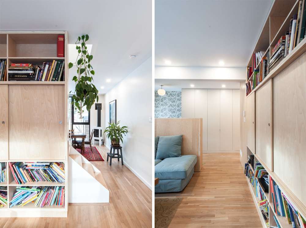 Cottage Cartier, signé rose architecture: rangements généreux avec des portes coulissantes en plywood de finition Purebond