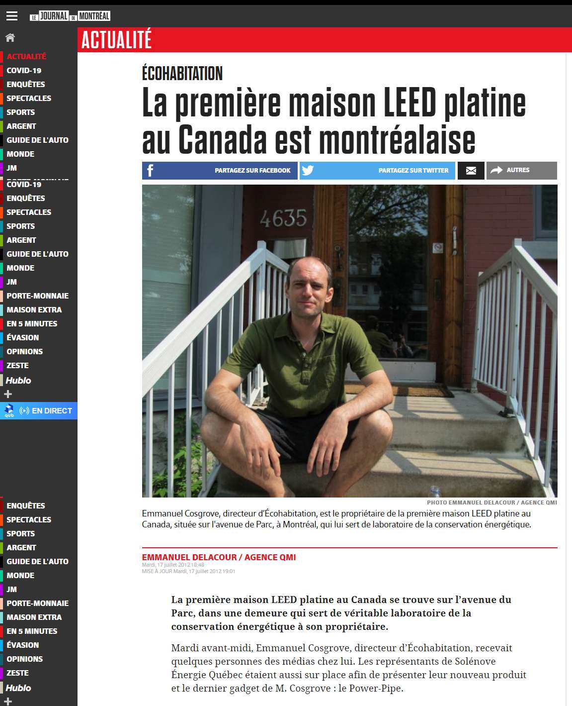 Le Journal de Montréal, archive de l'article sur la première maison LEED Platine au Canada