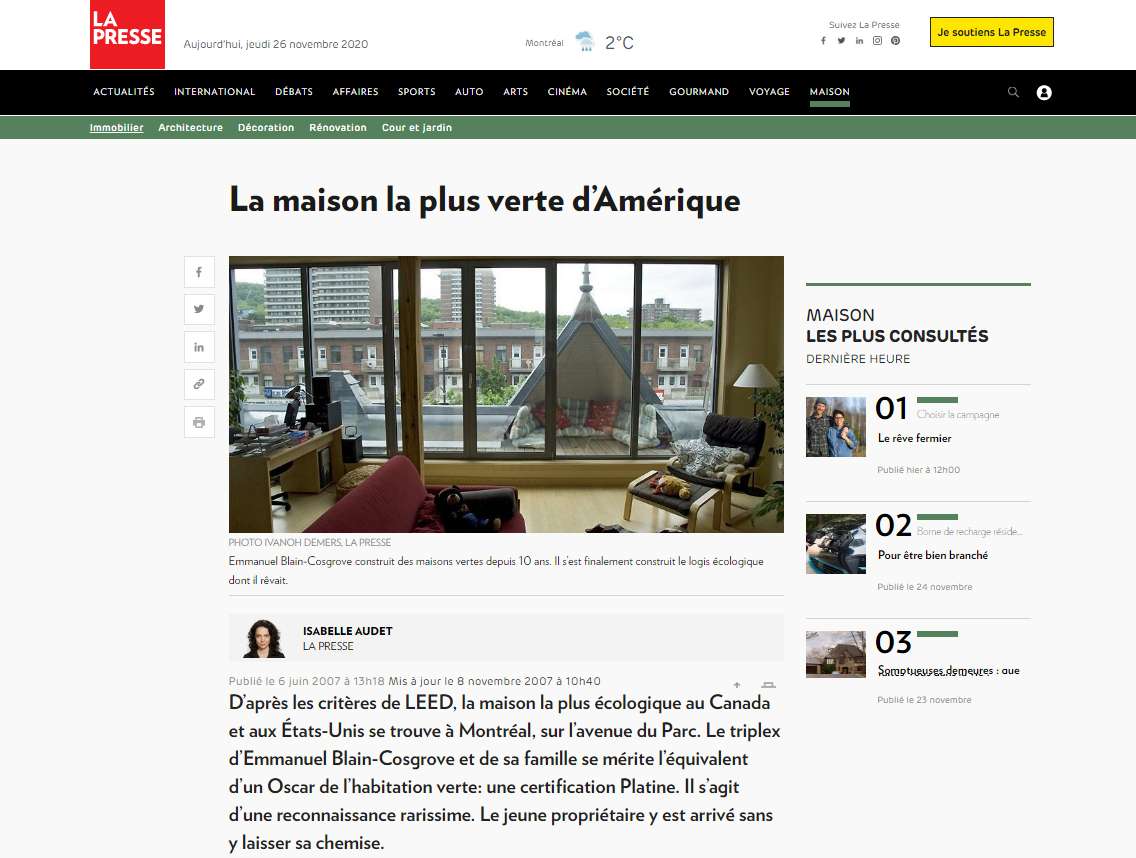 La Presse, archive de l'article sur la première maison LEED Platine au Canada