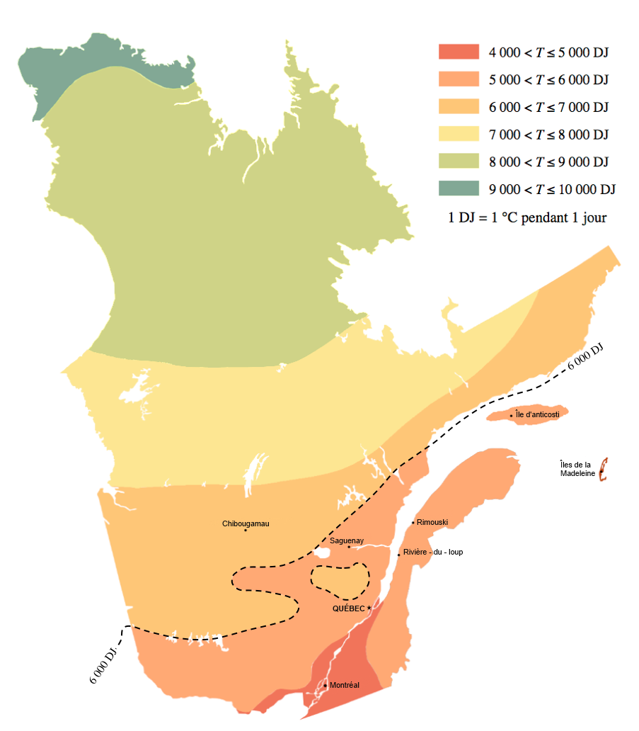 Carte des degrés-jours de chauffage au Québec